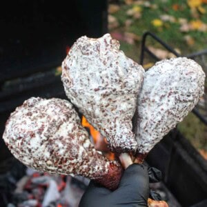Three beer brined turkey legs dipped in Alabama white sauce