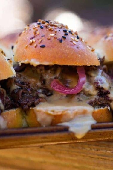 Close up shot of Guinness Pulled Beef Sliders