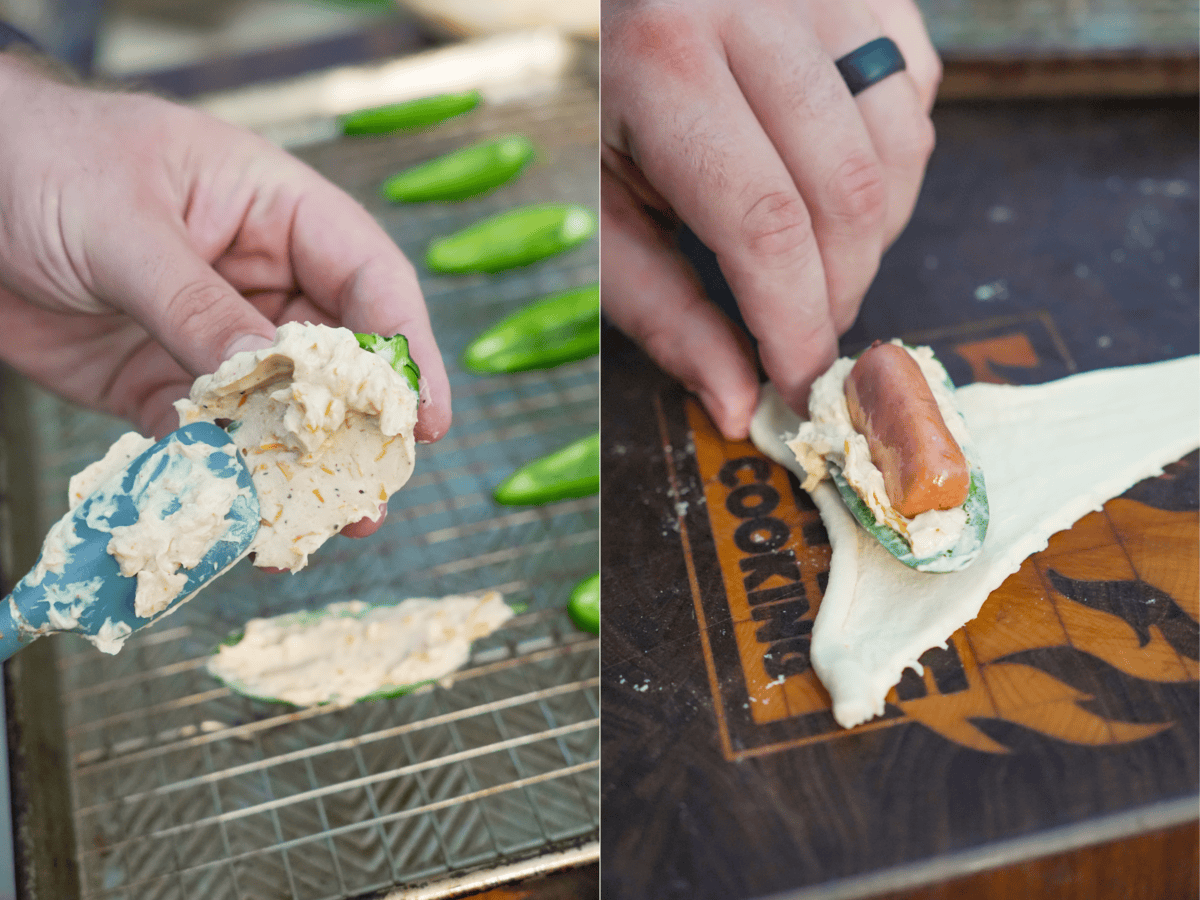 Adding the cream cheese and cheddar cheese mixture to a sliced jalapeño half, then rolling the crescent roll dough around the stuffed jalapeño and cocktail wiener