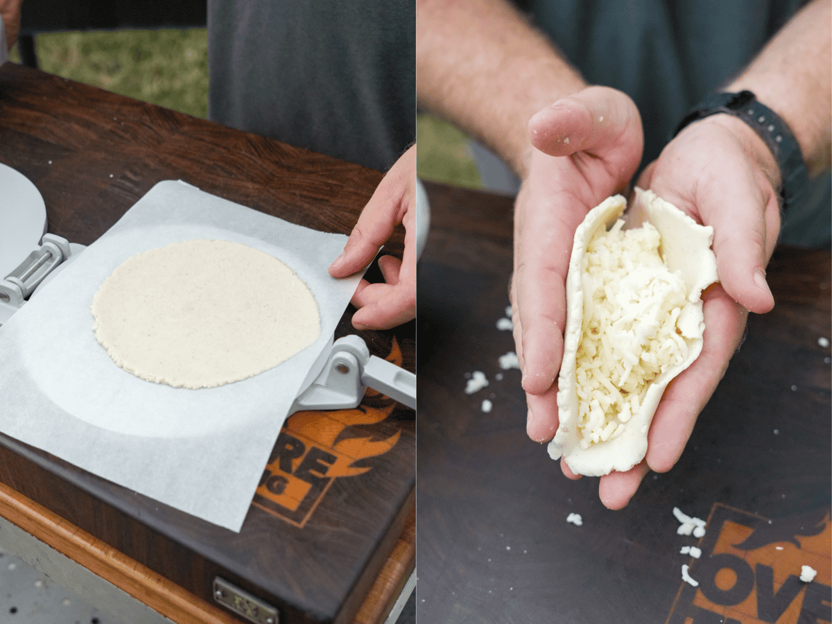Shaping masa harina dough into tortilla rounds, separated by parchment paper, then adding Monterey Jack cheese to the tortilla and folding it in half