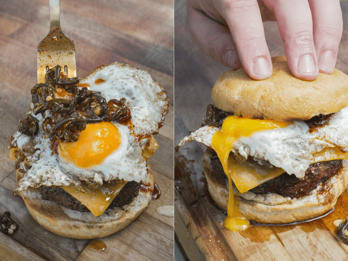 The Cowboy Candy Burger is assembled with the runny eggs. It make look a bit messy but it's oh so freakin' delicious.