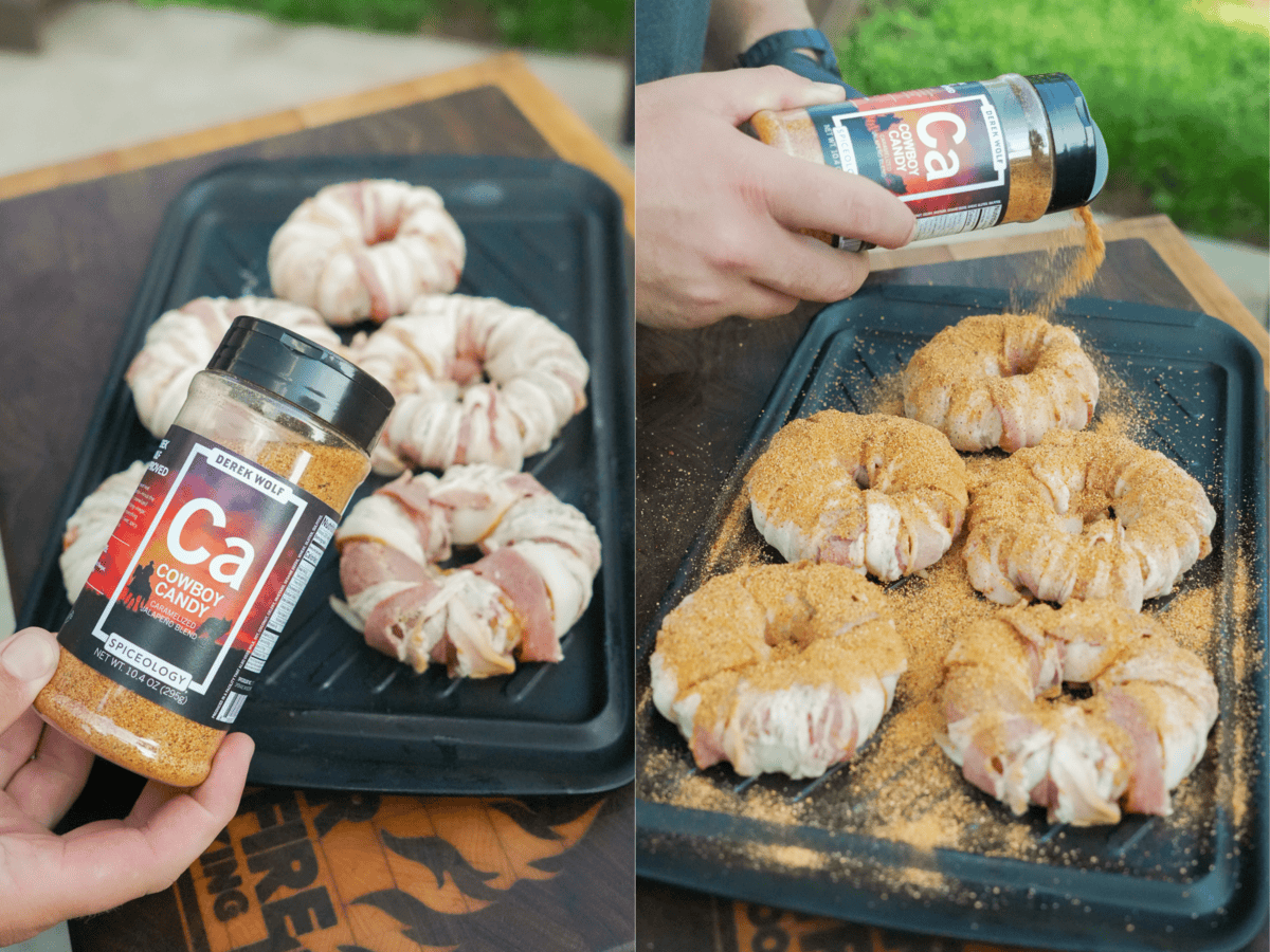 Seasoning the stuffed onion rings.