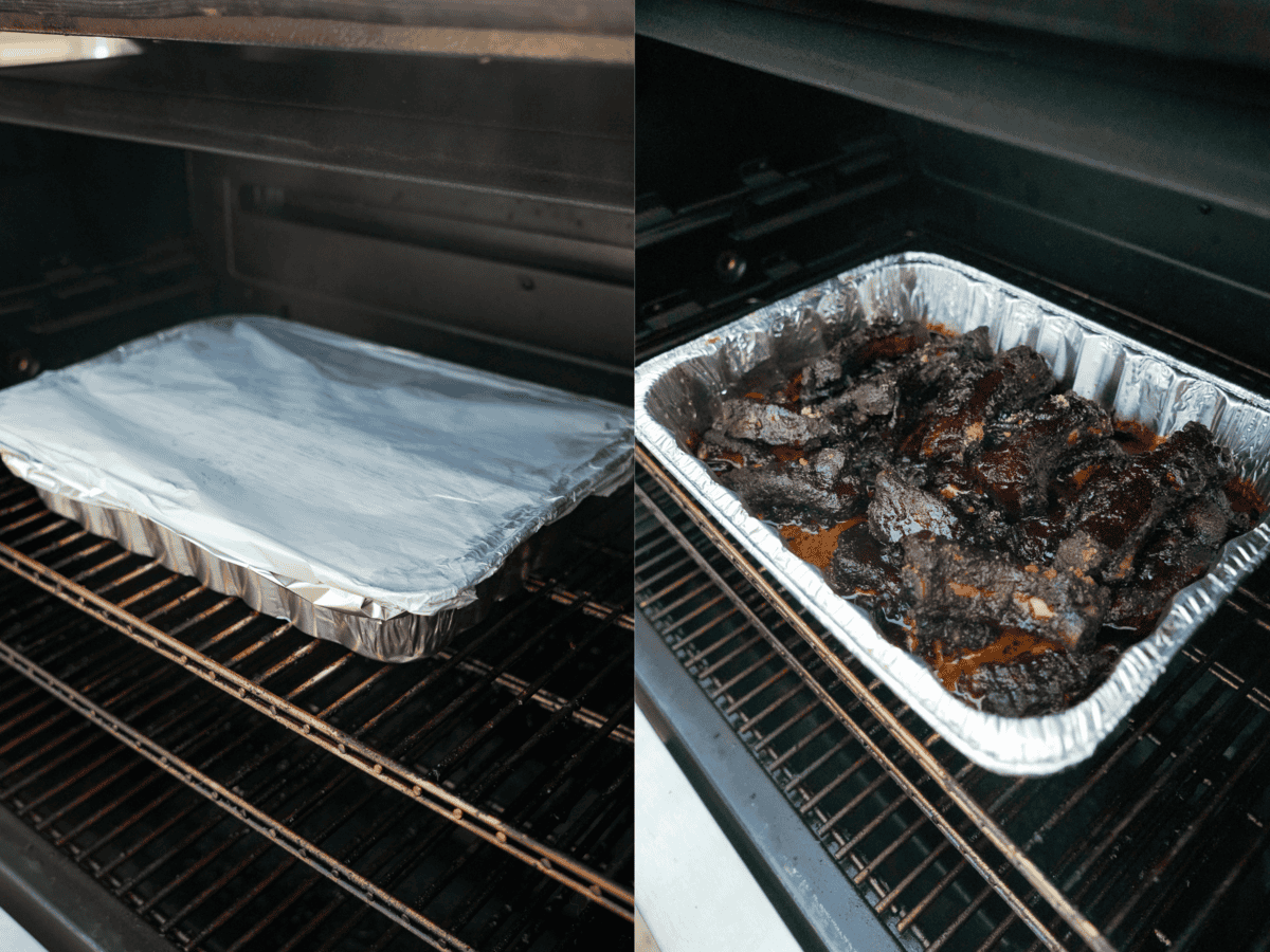 The crutch is added to the ribs in the aluminum foil pan, to keep them moist and tender.