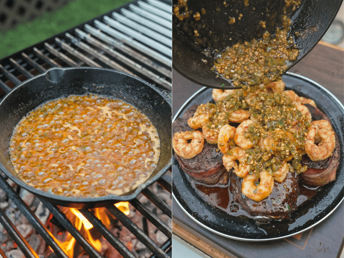 The spicy sauce is layered over the top of the perfectly cooked steaks.