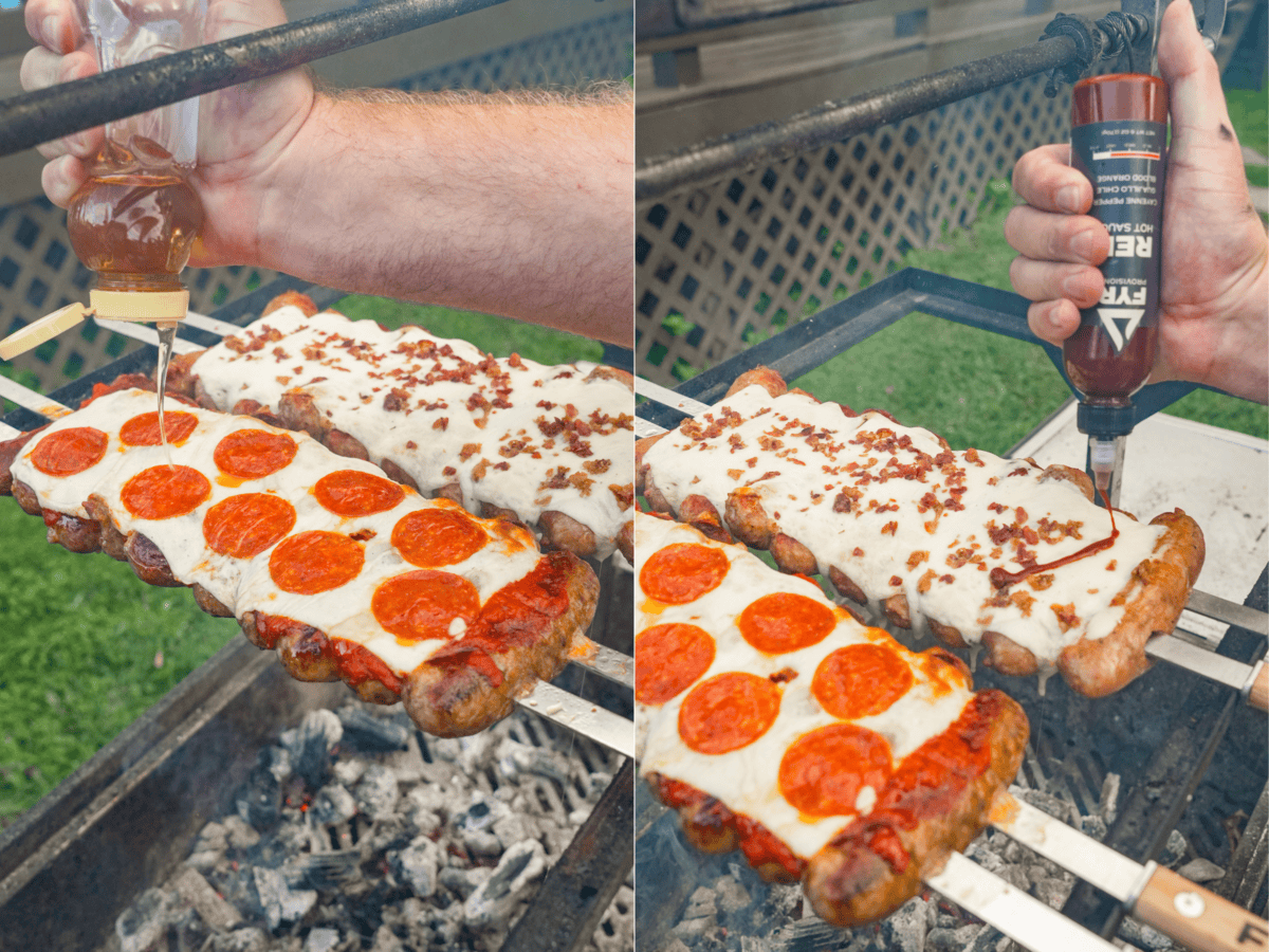 Adding honey and hot sauce to loaded pizza sausage skewers, one with red sauce and pepperoni and the other with alfredo sauce and bacon bits