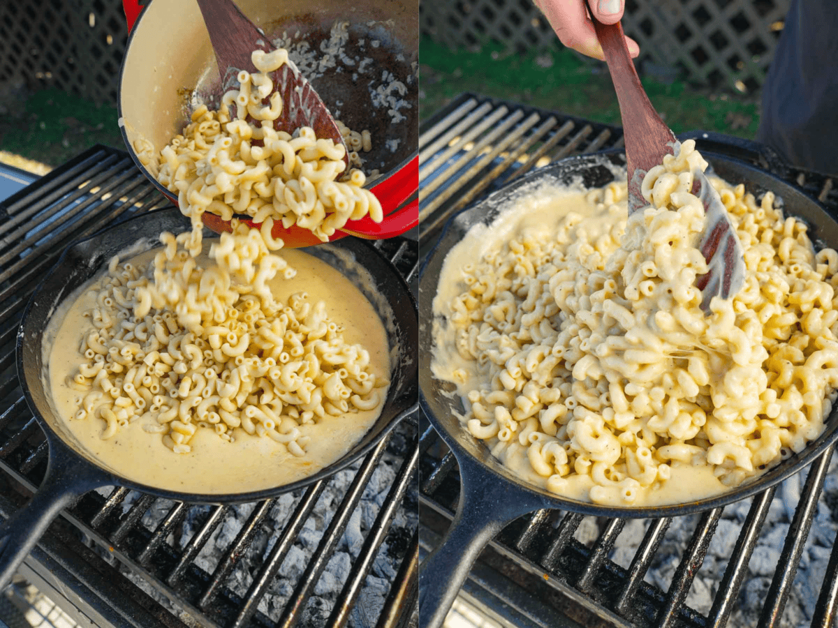 Pouring elbow macaroni into homemade cheese sauce and stirring for BBQ mac and cheese