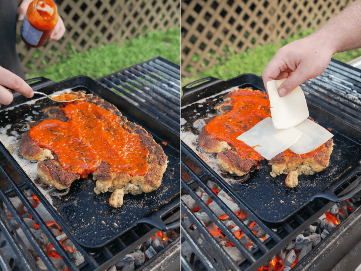 Adding marinara sauce and mozzarella cheese to cooked chicken on the grill