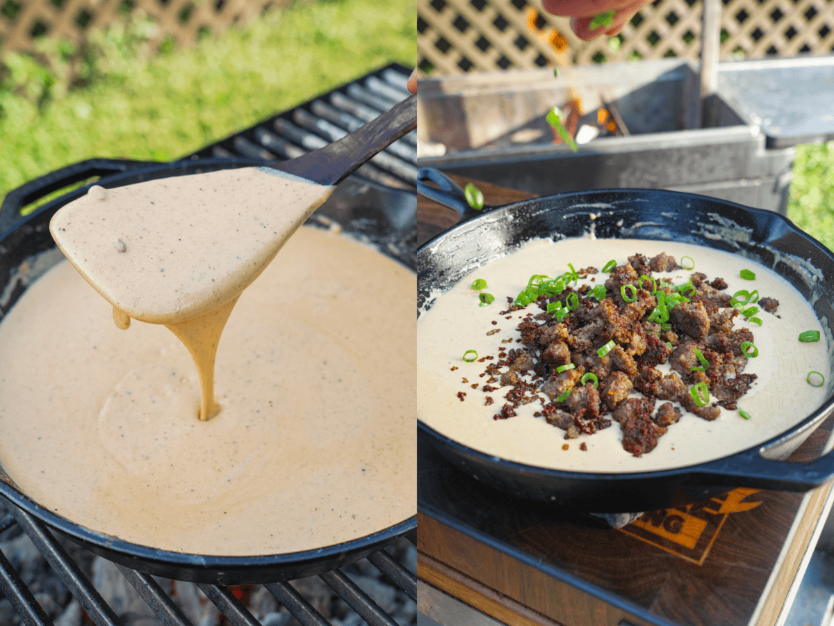 Close-up of creamy beer cheese sauce being stirred with a wooden spoon on left. On the right, the dip is layered with browned spicy sausage.