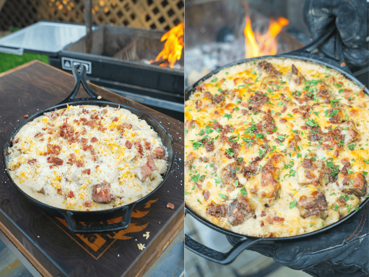 Adding the toppings and baking the Mac and cheese.