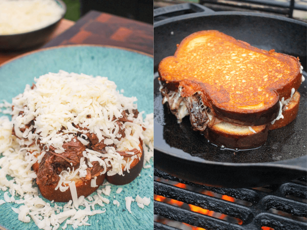 Assembling Birria Grilled Cheese and cooking it over the fire.