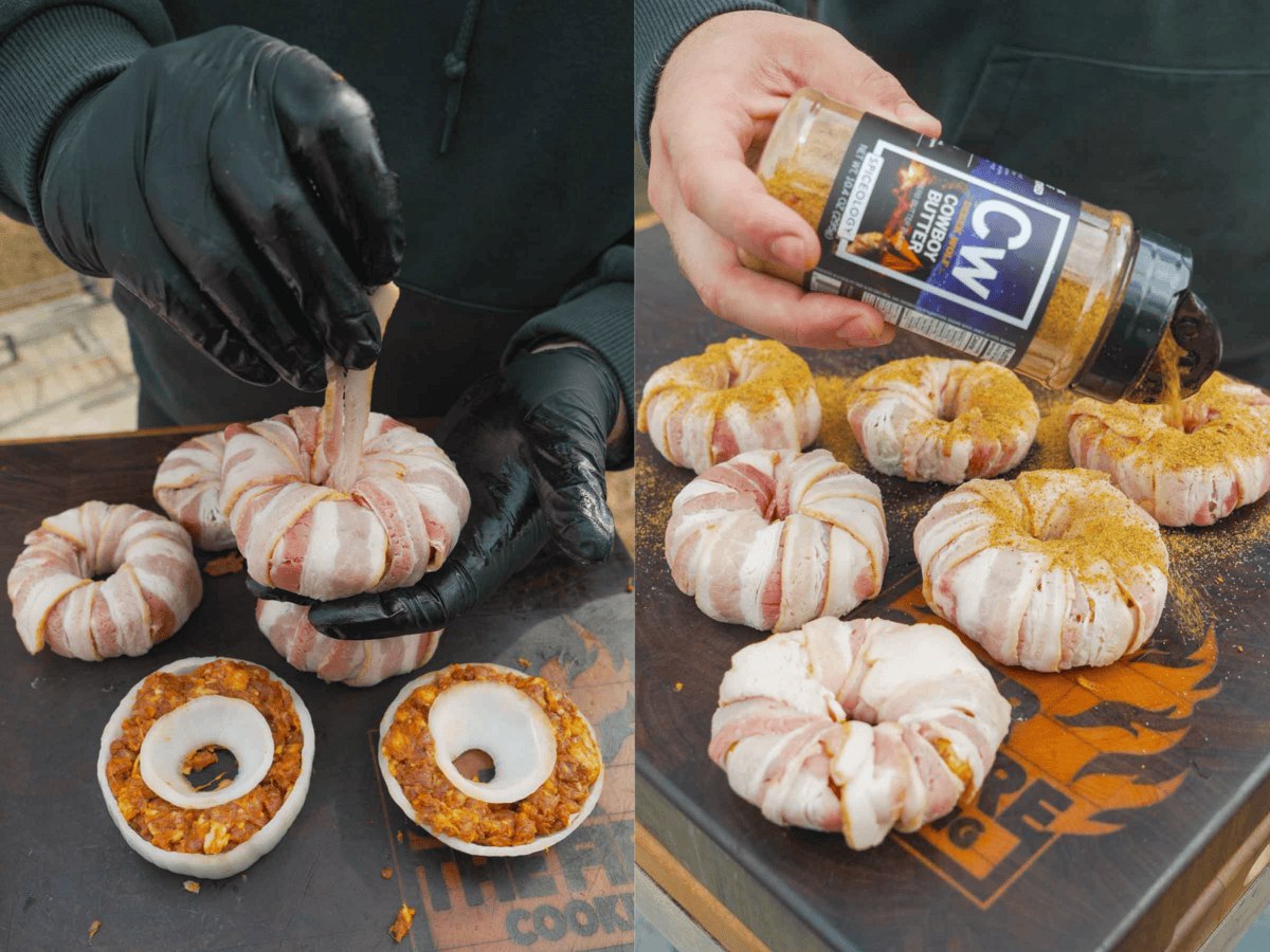Assembling the stuffed onion rings with chorizo and bacon, then seasoning with Cowboy Butter Rub
