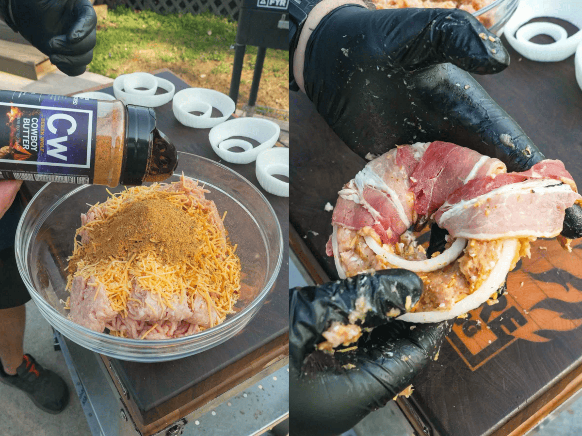 The onion rings are assembled with the tastiest bacon and cold ground chicken.