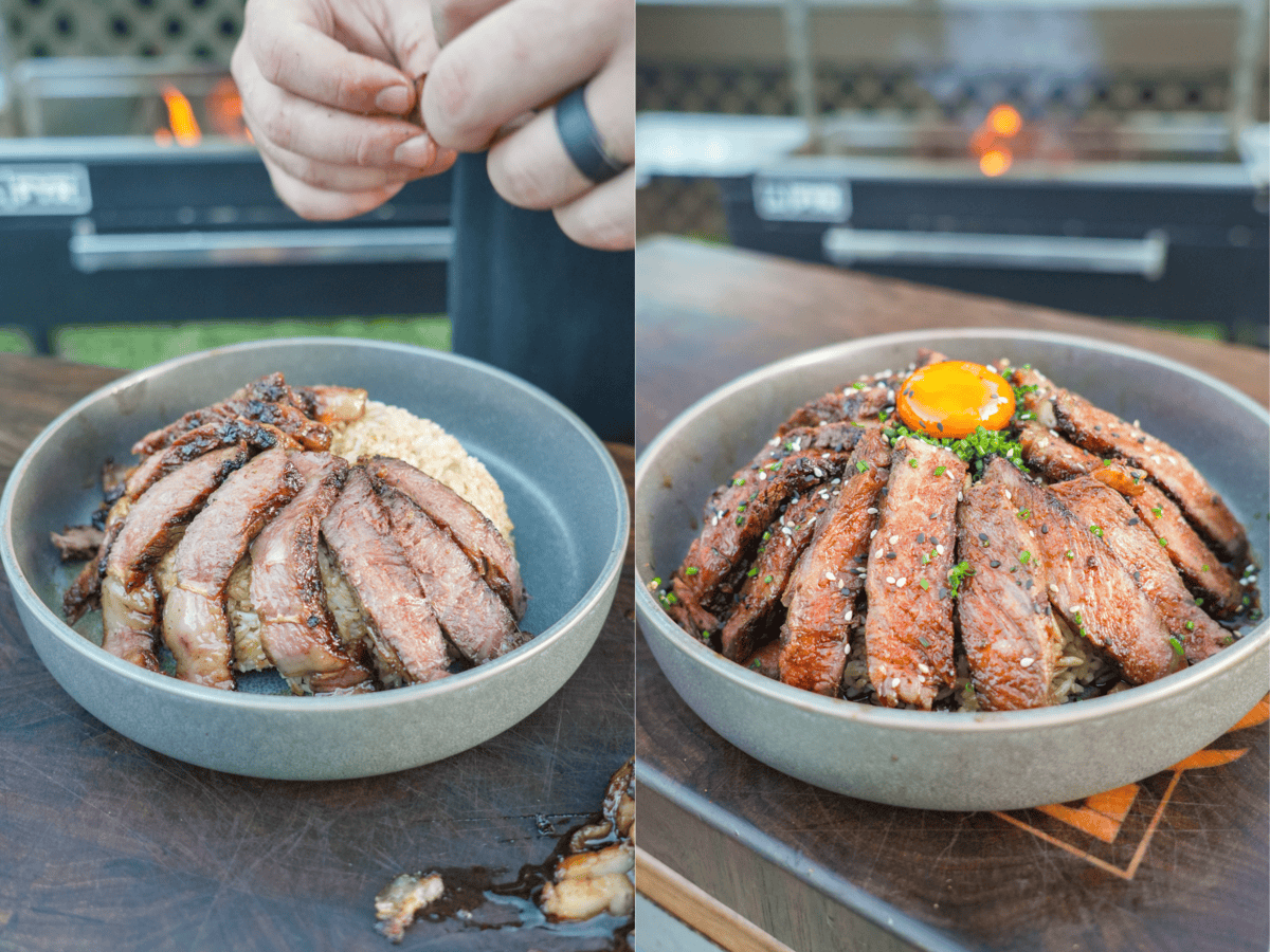 The final Steak Rice Bowl is assembled with a beautiful egg yolk placed in the center.