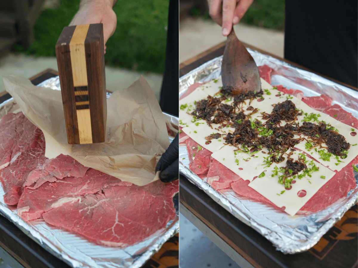 2 photo view of the French Onion Steak Skewer assembly.