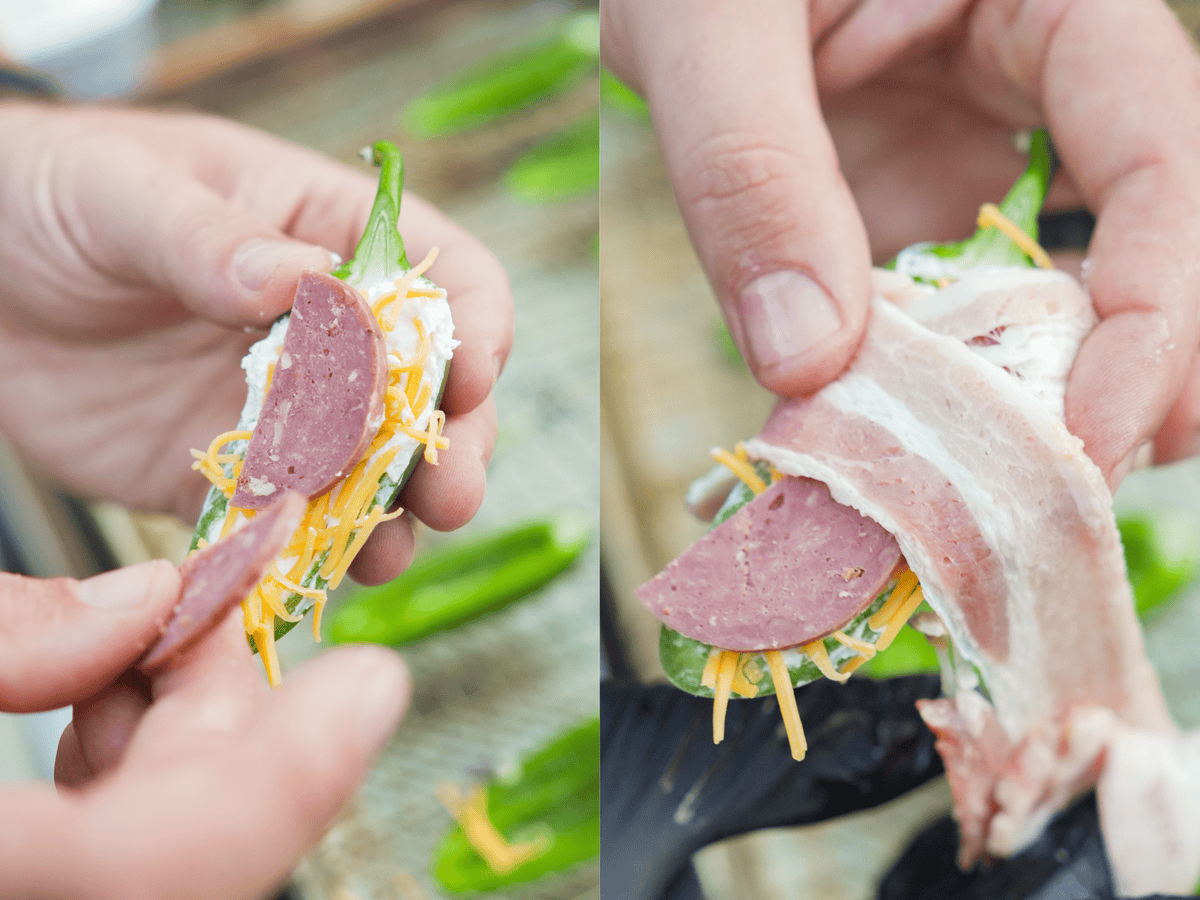 Derek Wolf assembles the jalapeno poppers that are stuffed with creamy cheese, venison summer sausage, and wrapped in bacon