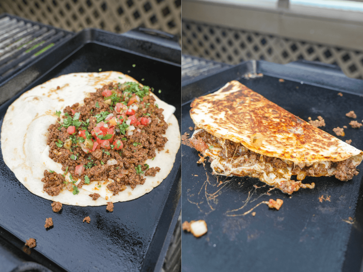 Progress photos of an open quesadilla, with venison on top of a tortilla on a skillet and then folded, with the tortilla browned and crispy