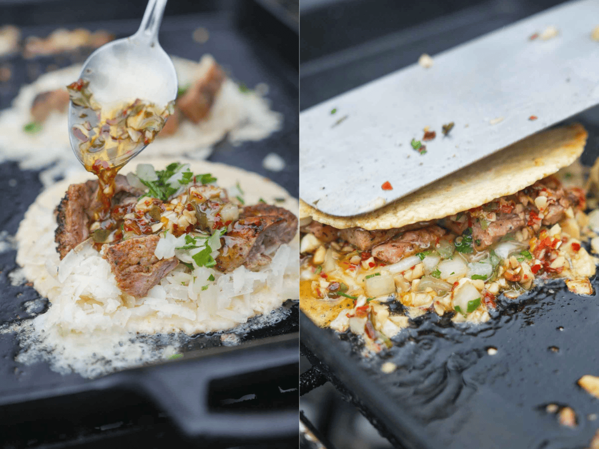 Assembling Spanish garlic tacos on the griddle with tortillas
