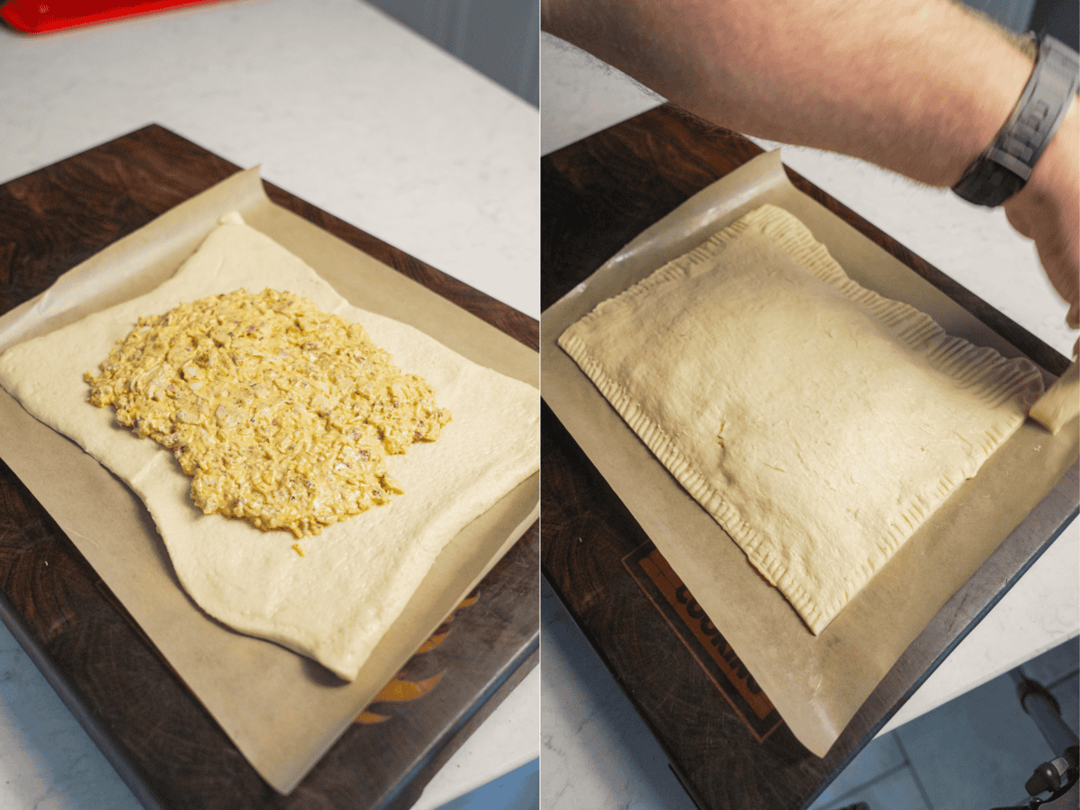 Adding chicken bacon ranch filling to puff pastry dough, then sealing the filling in with another sheet of dough to make the hot pocket