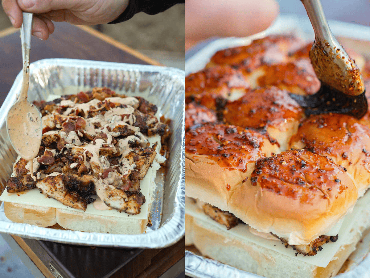 The hot honey ranch sliders are assembled and covered in more spicy goodness. 