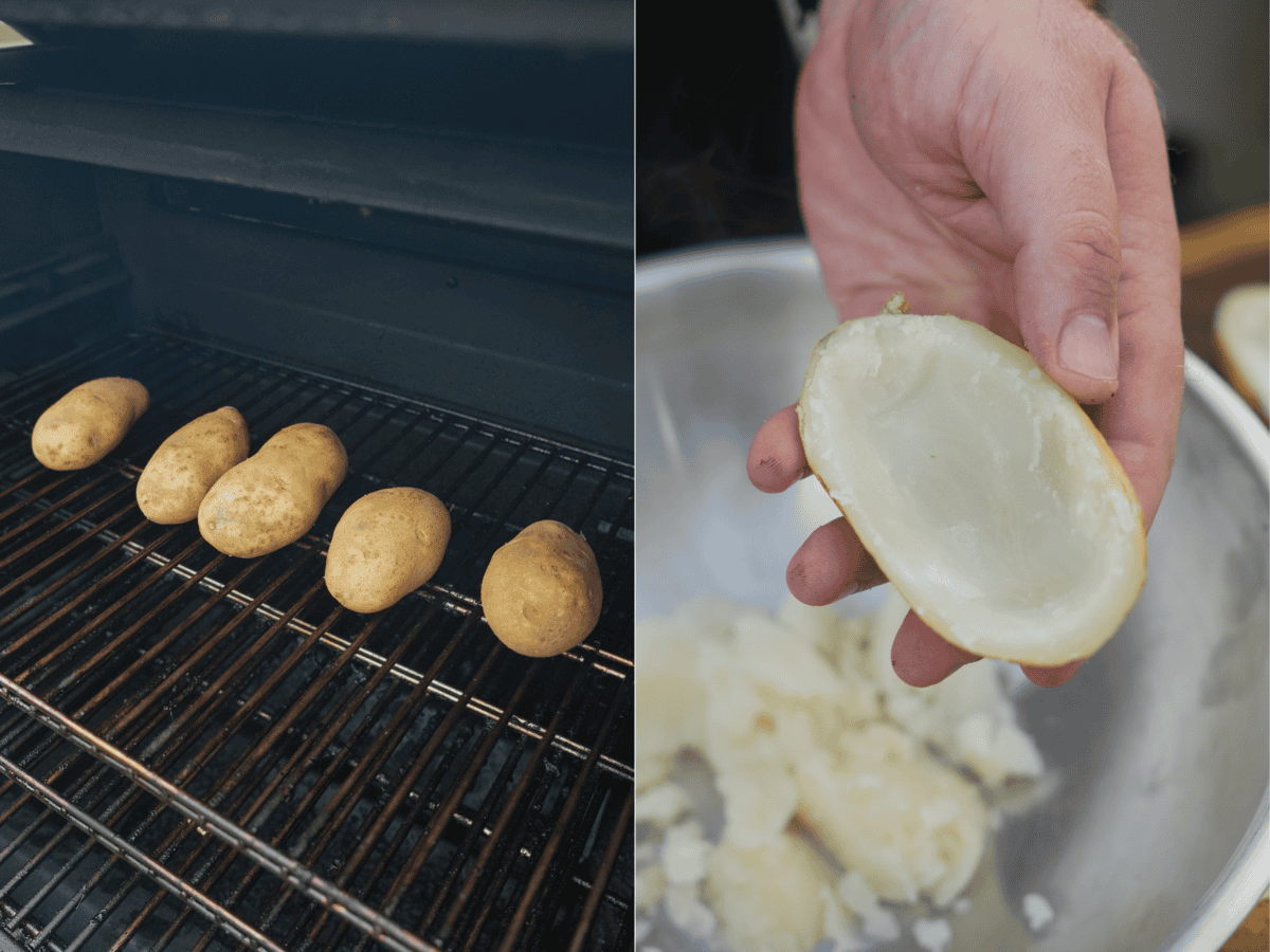 Russet potatoes baking on the smoker, and a hand holding a scooped out potato skin with potato flesh in a bowl in the background