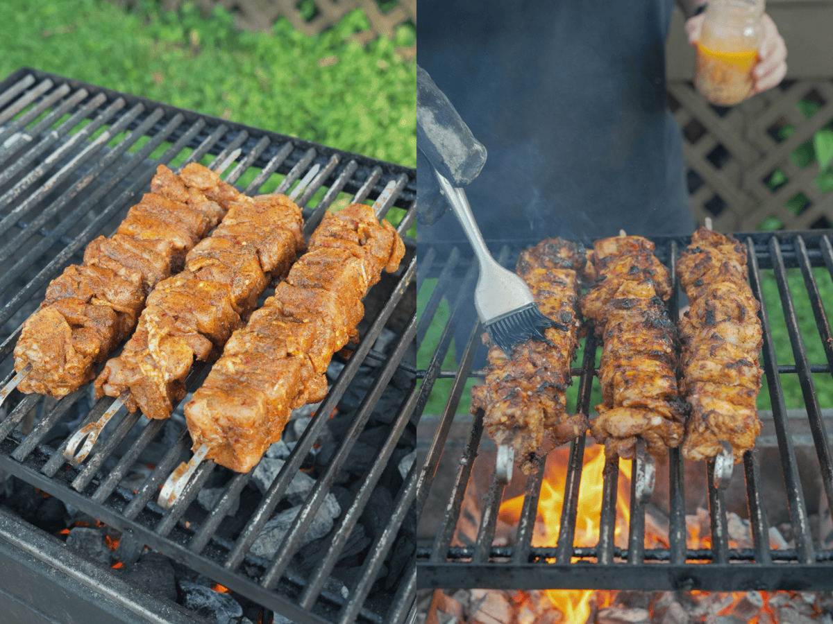 Grilling threaded garlic Parmesan chicken skewers and basting with garlic Parmesan butter using a brush