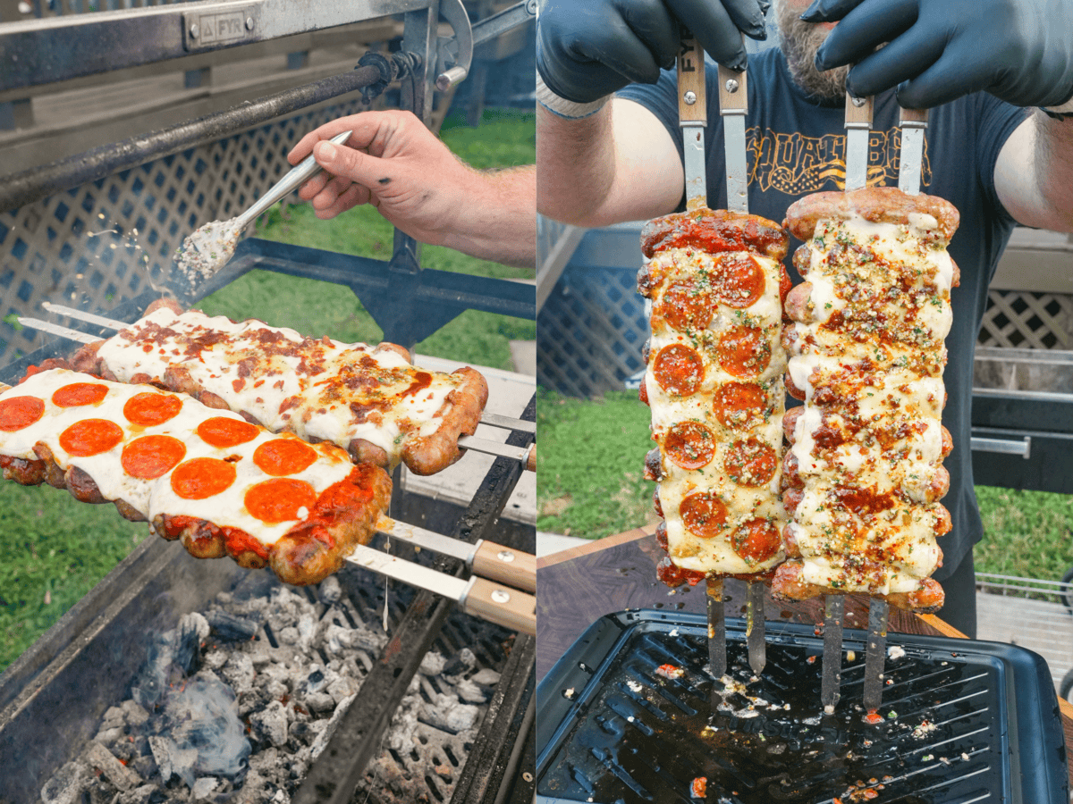 Basting the pizza sausage skewers over the grill with garlic Parmesan butter using a grill brush
