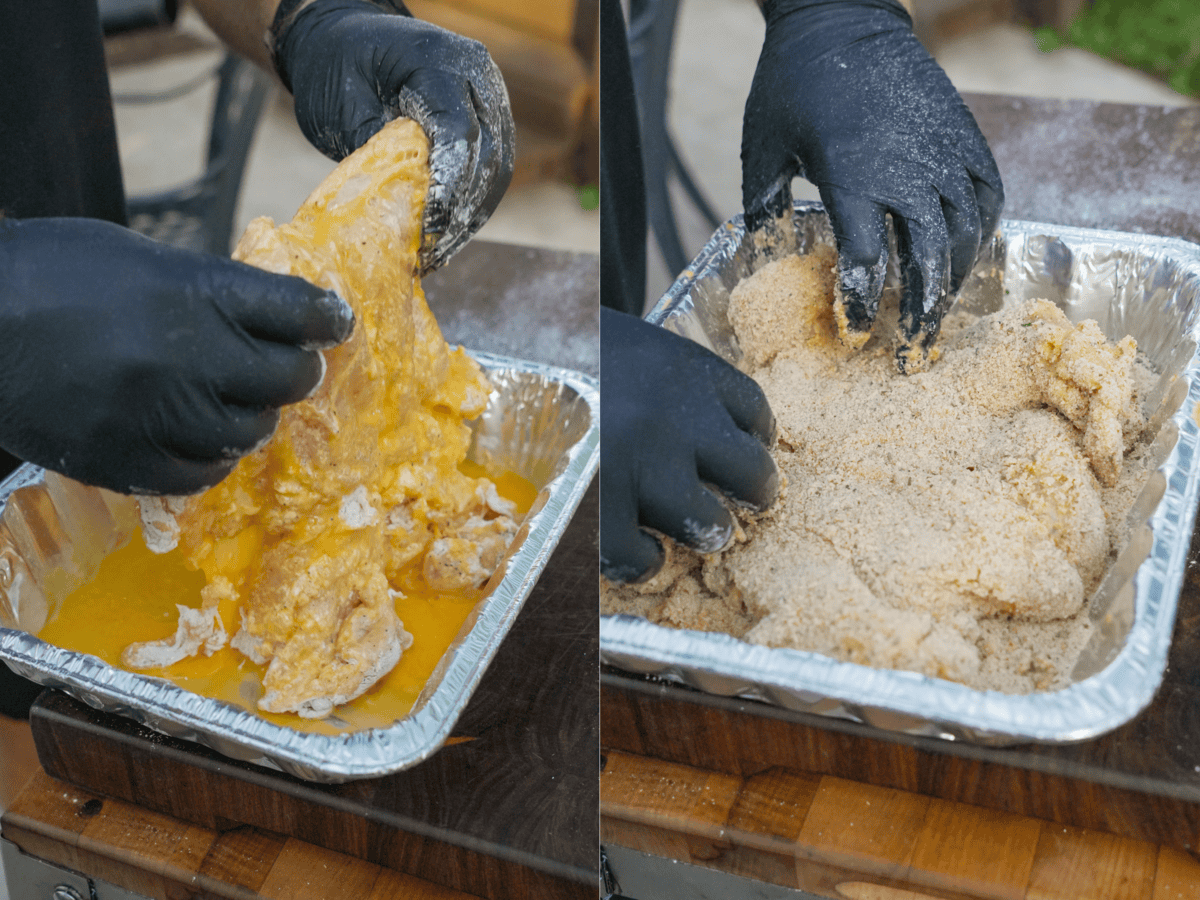Dipping the flattened chicken breasts in whipped eggs, then dredging in a breadcrumb Parmesan mixture