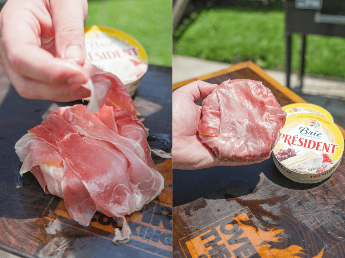 A hand wrapping the brie in prosciutto slices and displaying the finished wrapped cheese with Président boxing in the background