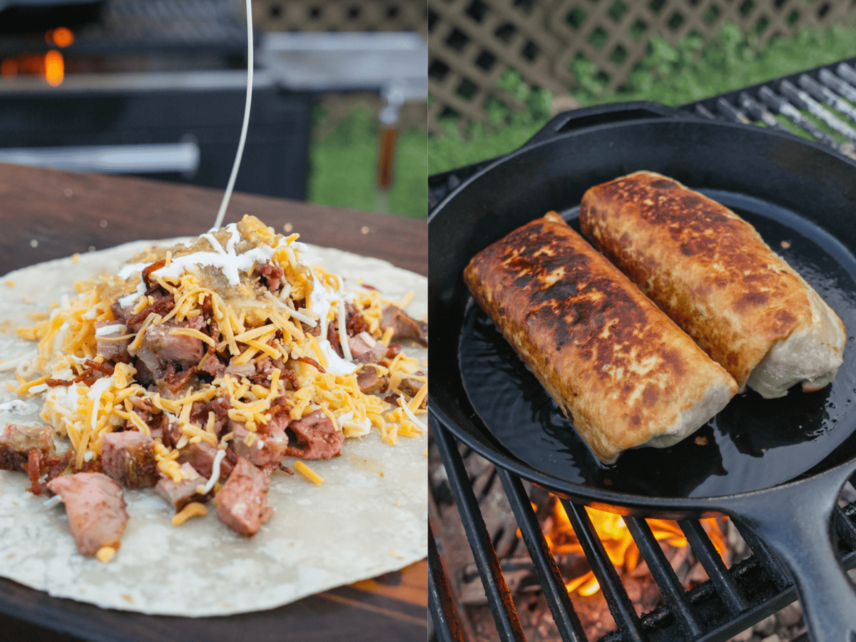 Overhead shot of burrito fillings spread out: ribeye, eggs, crispy potatoes, cheese, and bacon bits. Crispy burritos on the other side.