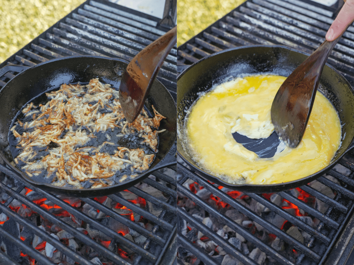 Scrambled eggs in a cast-iron pan on the grill next to crispy potatoes.