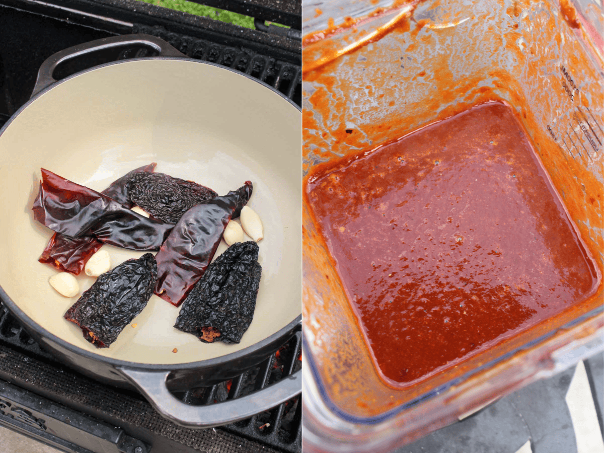 Charring chilis and making the chili paste in the blender.