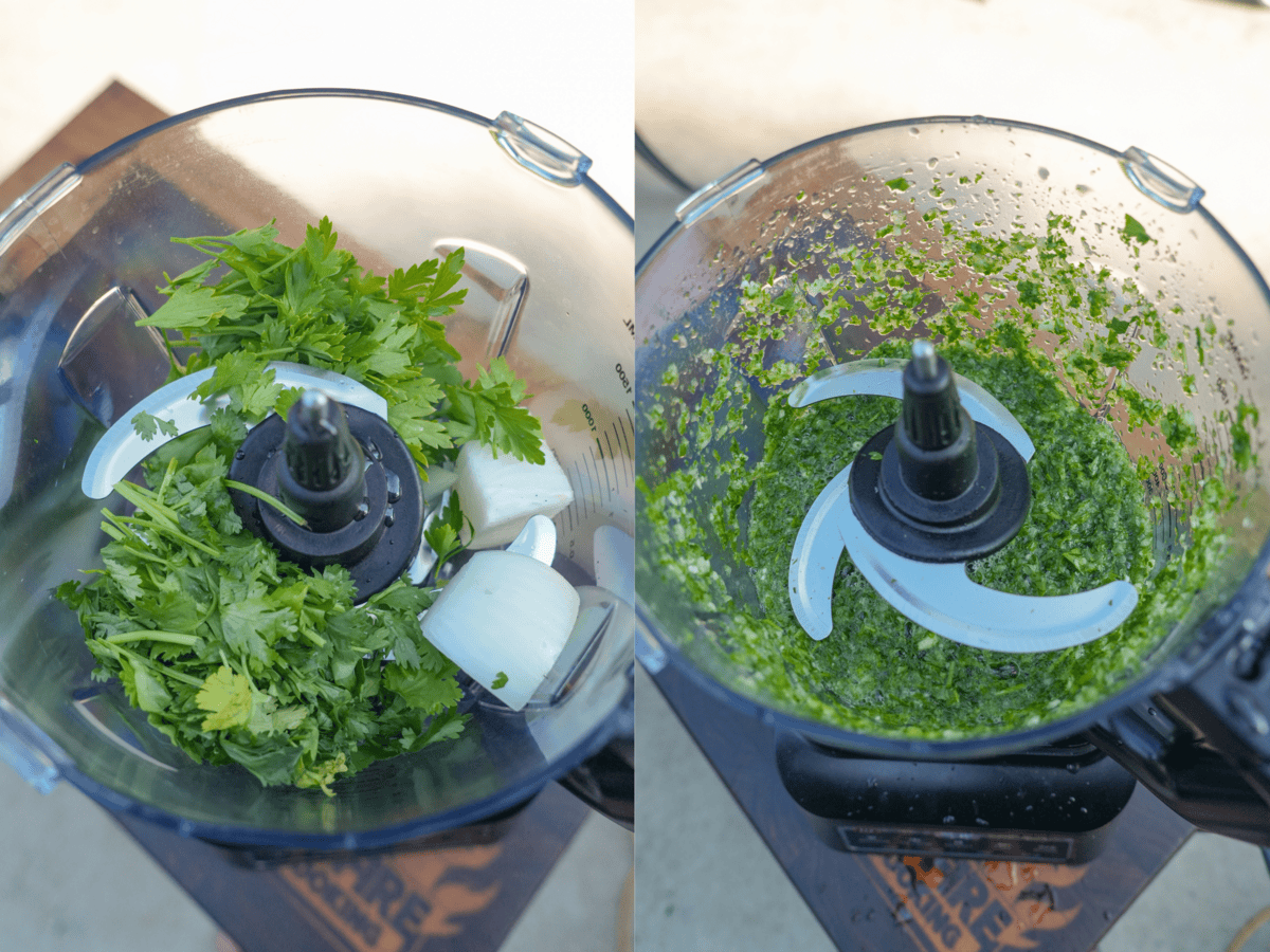 Close up of the herbs and veggies getting chopped in the blender.
