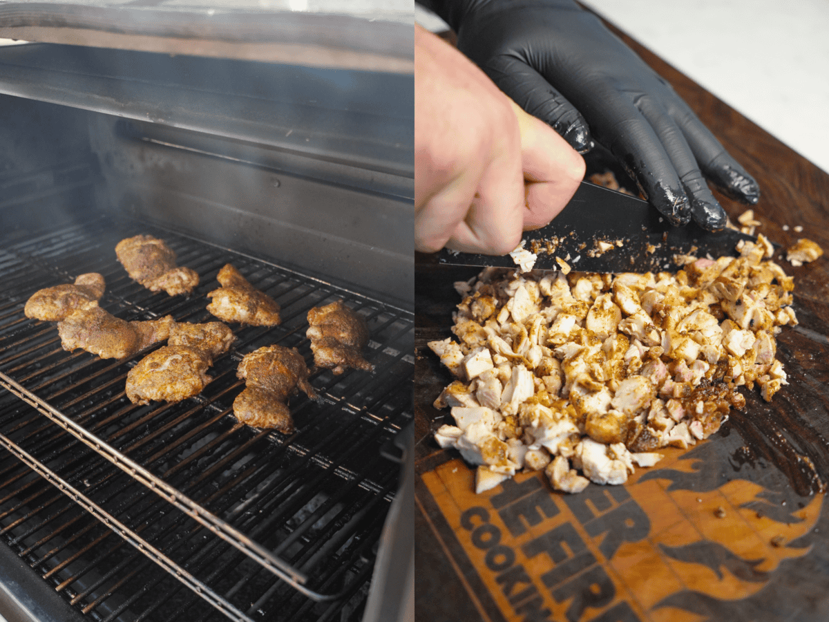Smoking the boneless skinless chicken thighs on the grill and a hand holding a sharp knife to chop the chicken on an Over the Fire Cooking cutting board