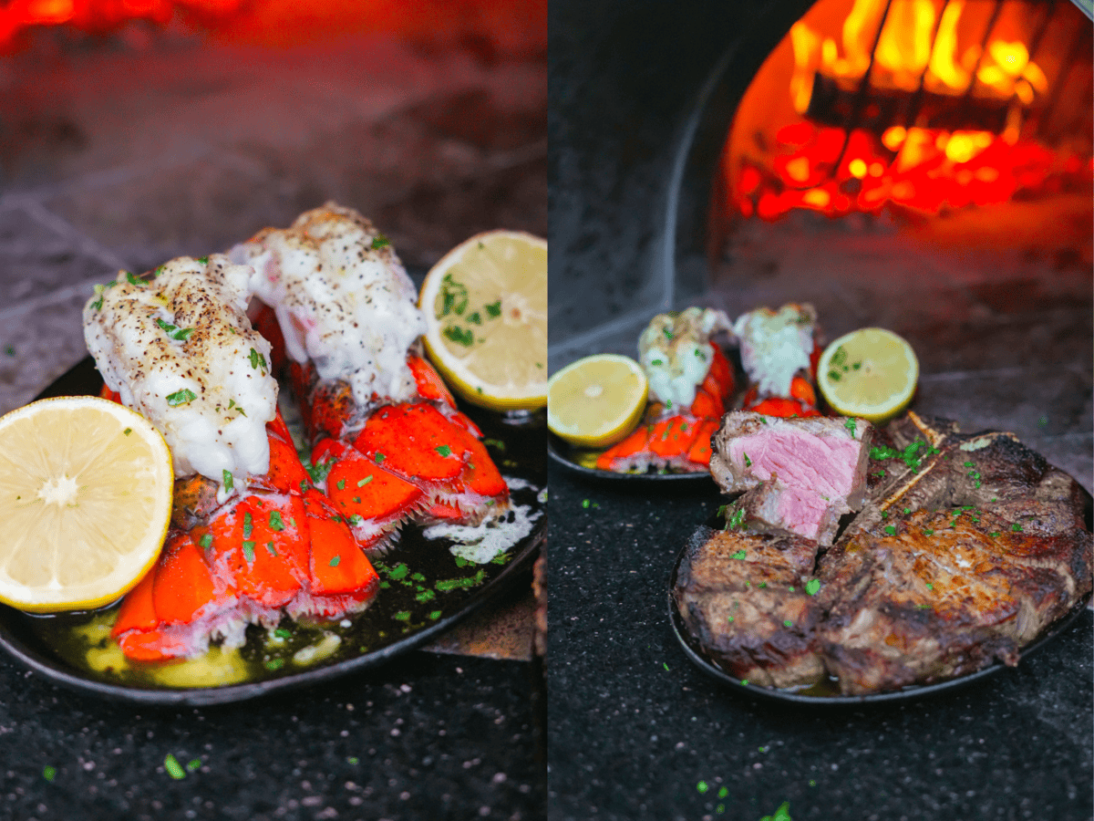 The Peter Lugar Surf and Turf is done and ready to eat. The juicy steak is sliced. The lobster is buttered.