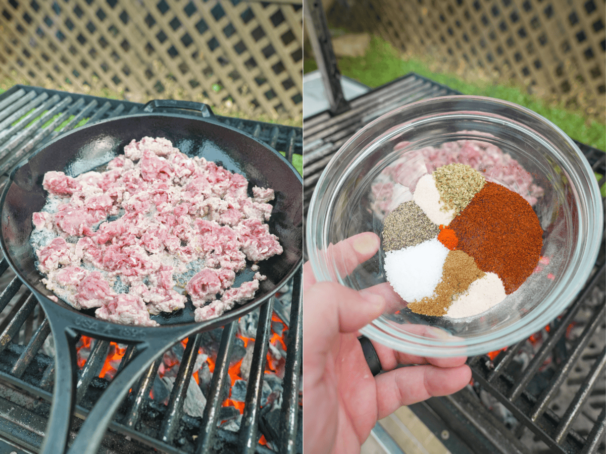 Cooking and seasoning ground venison with a mix of taco spices