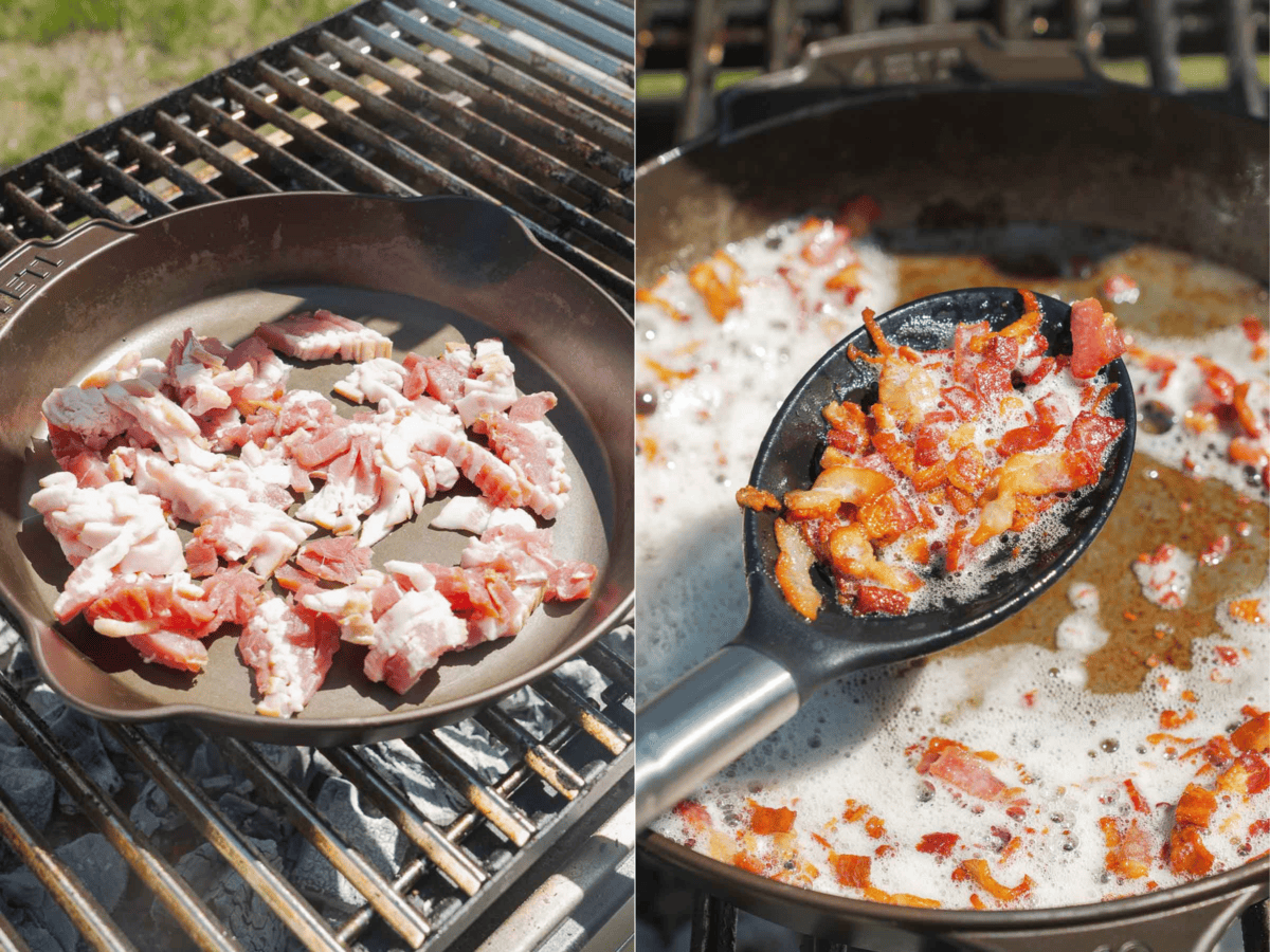 If you want to enjoy outdoor cooking to the max, just throw on some bacon into a cast iron pan and let the love fest begin.