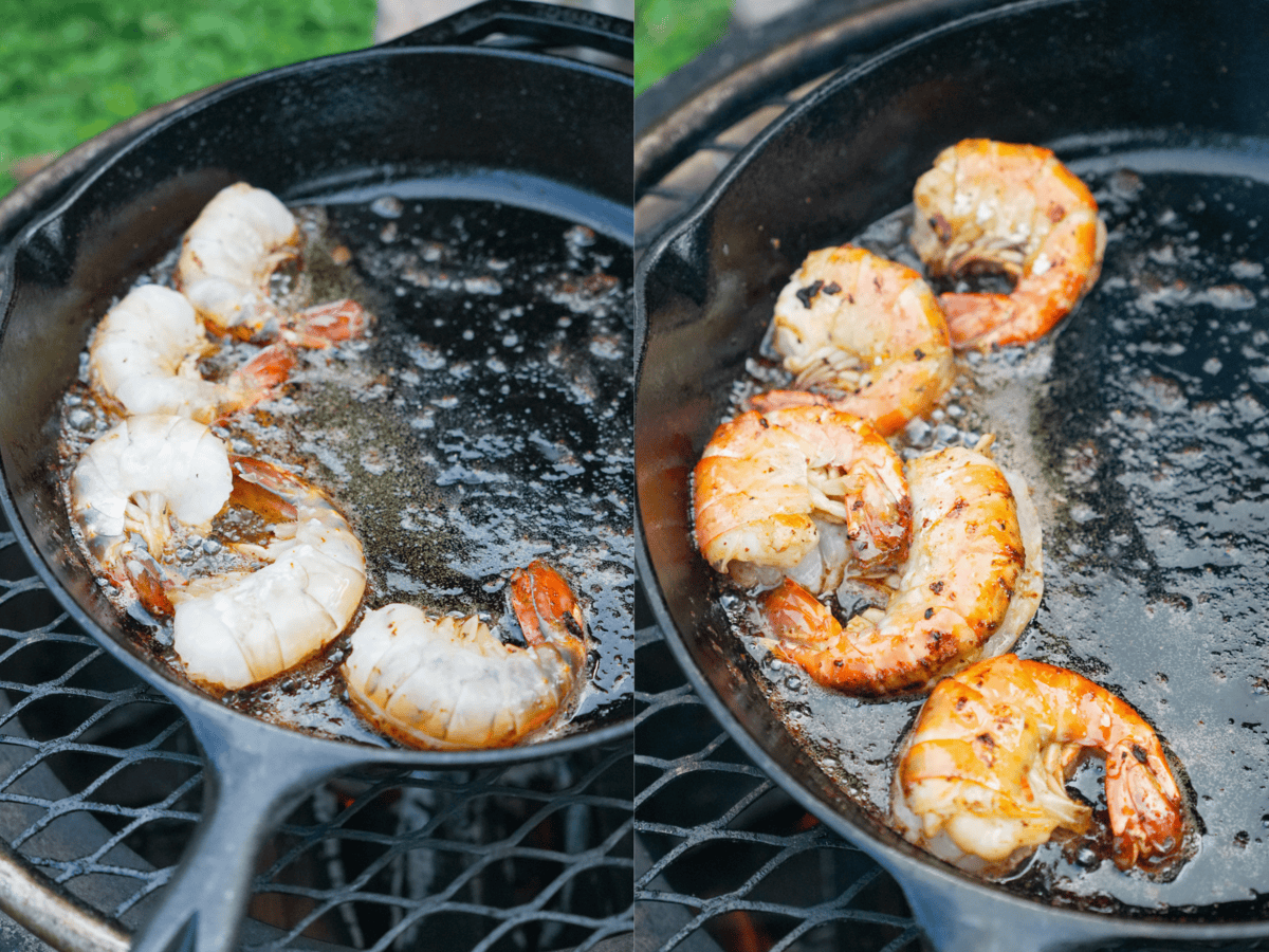 Cooking shell on jumbo shrimp in a cast iron skillet on a Breeo fire pit