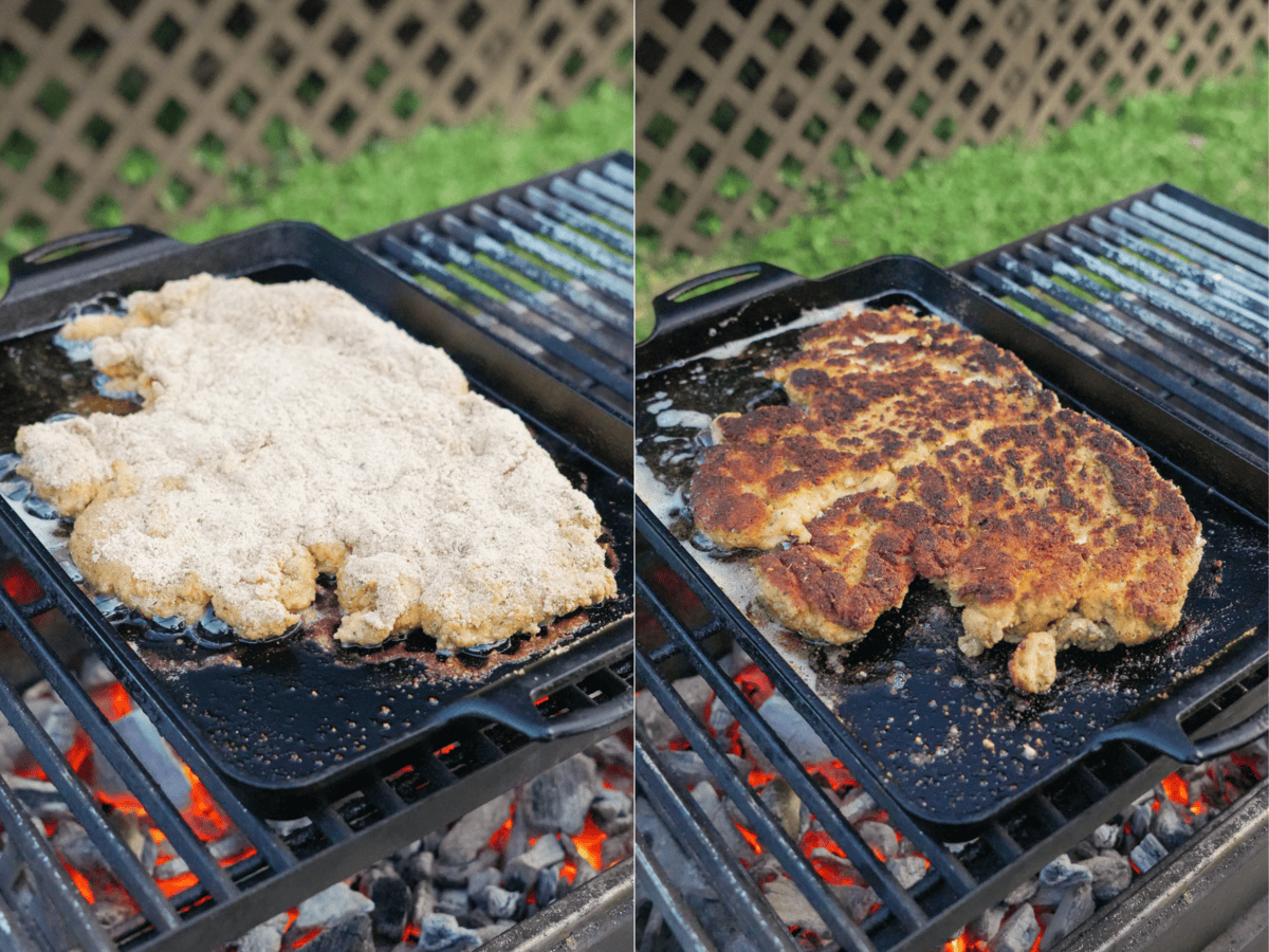 Grilling flattened, breaded chicken breasts and showing the progress of the browning