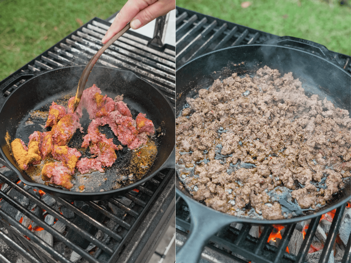 Stirring raw ground beef in a cast iron skillet and then showing the browned ground beef