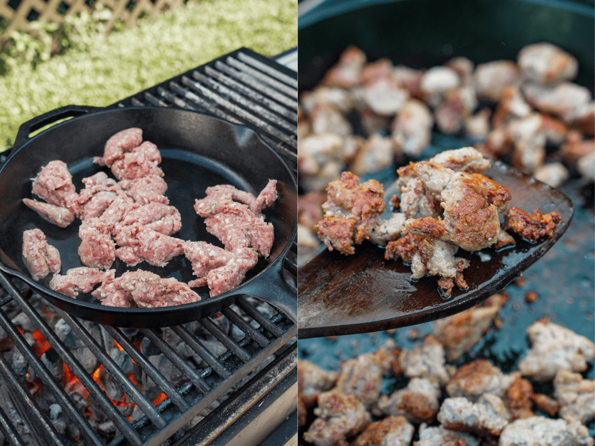 The spicy Italian sausage is browned in the cast iron skillet. Shows before and after.