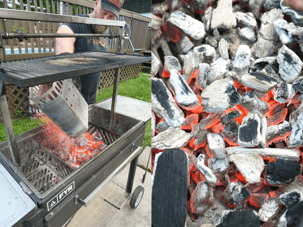 Dumping out a chimney starter of glowing hot Cowboy Charcoal coals and a close up of the glowing red coals inside the FYR Grill
