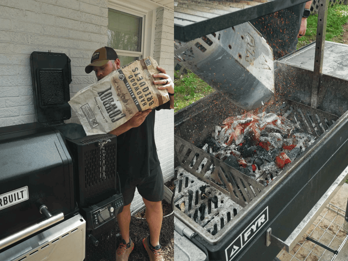 Derek Wolf pouring Cowboy Charcoal into his chimney starter and then into the smoker/grill