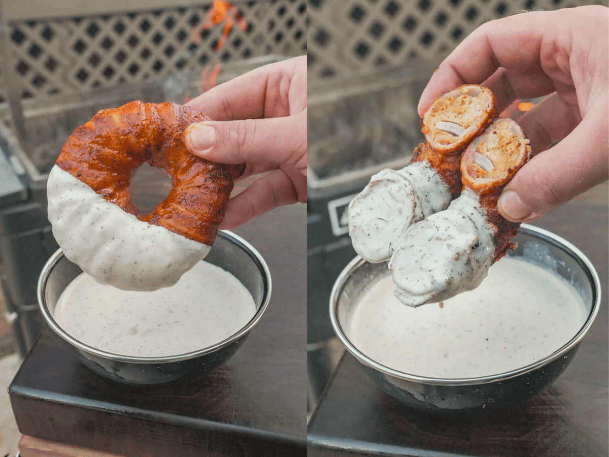 Dipped in homemade ranch, these rings are so freakin' delicious, it's insane.