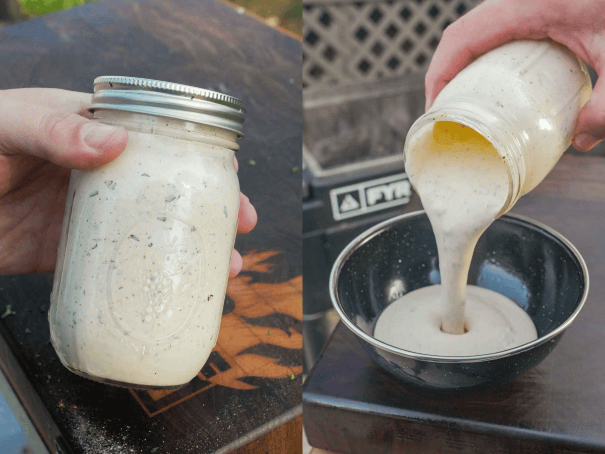The homemade ranch is poured into a dish, ready for dipping the tasty rings.