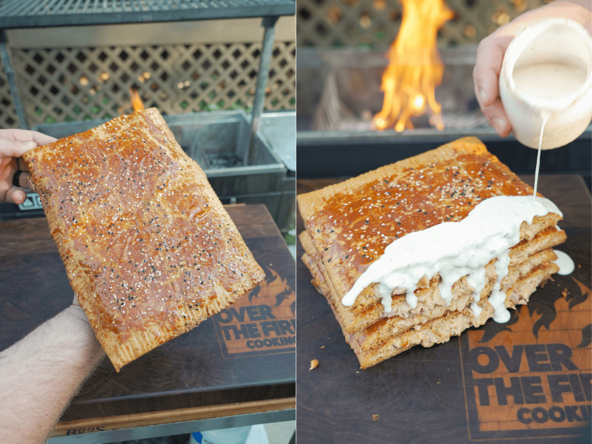 A hand holding up a finished hot pocket and a photo of chicken bacon ranch hot pockets drizzled with ranch dressing