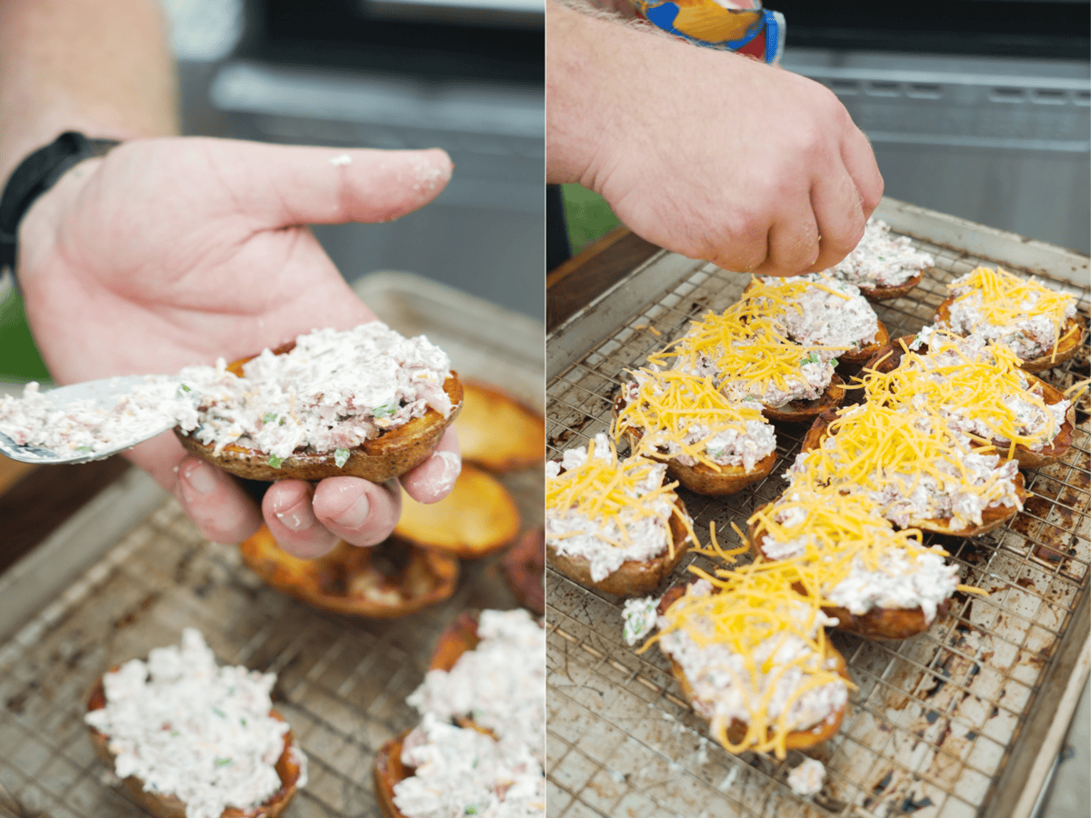 Stuffing fried potato skins with the brisket filing, then topping with cheese while they're on a wire rack set into a baking sheet