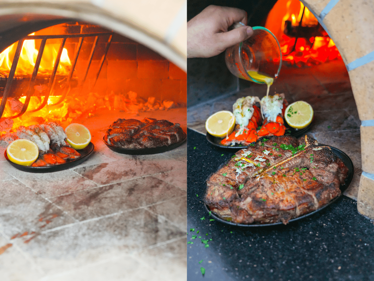 Thick steak sizzling in a cast iron skillet inside a blazing hot pizza oven.