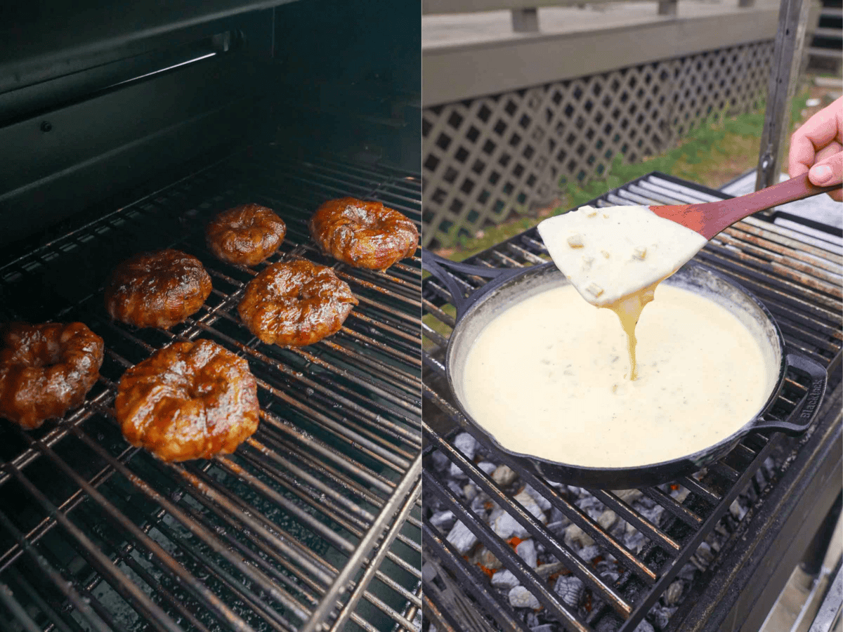Finished stuffed onion rings and lifting melted queso out of a cast iron skillet with a spatula
