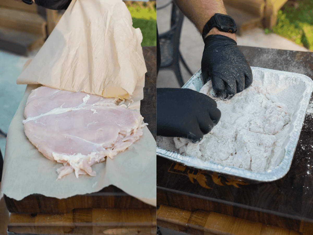 Pounding chicken breasts to an even thickness and then dredging in flour
