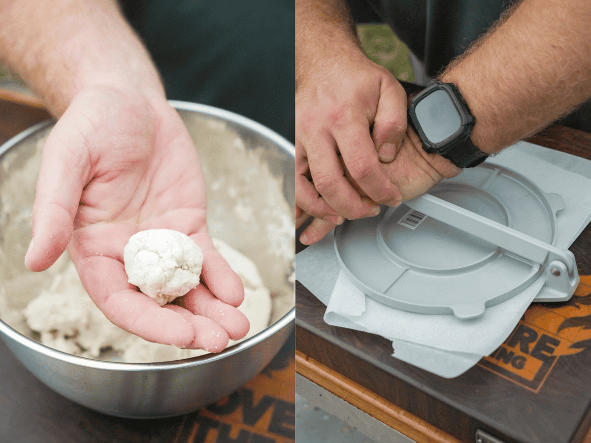 Shaping masa harina corn flour into a ball and then flattening using a tortilla press